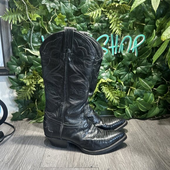 Tony Lama Exotic Black Teju Lizard Leather Point Toe Cowboy Western Boots 5.5 M